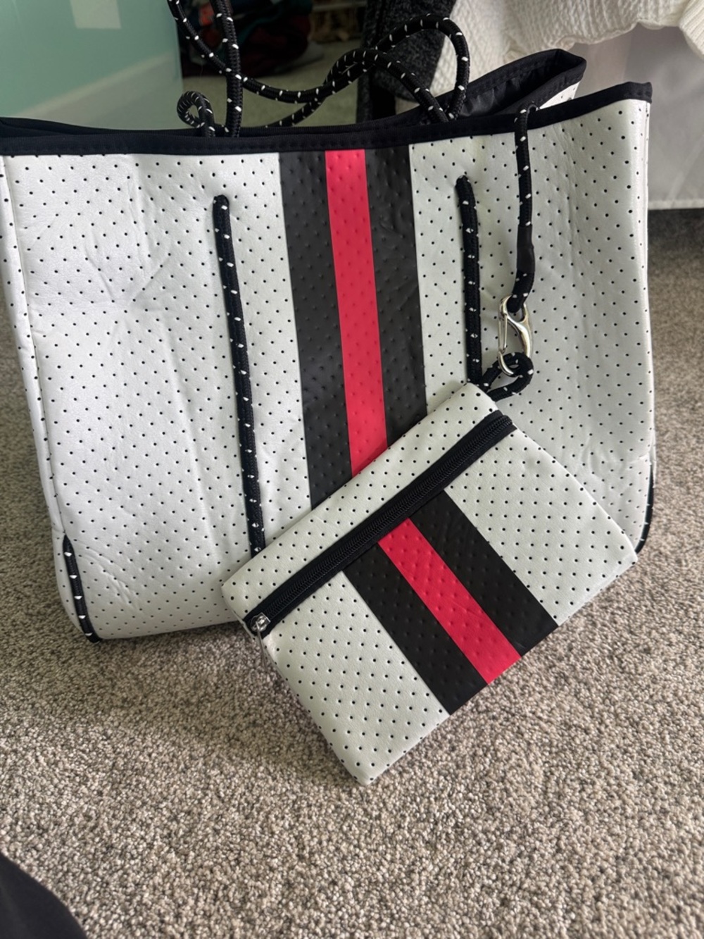 Modern & Chic Nadia Neoprene  Stripe Tote Bag and Pouch - White with Black